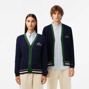 Lacoste V-Neck Cable Knit Organic Cotton Cardigan Navy Blue / White | KAN-910486