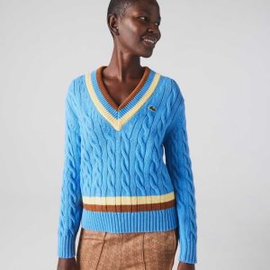 Lacoste V-Neck Cable Knit Wool Sweater Blue / Yellow / Brown | CUO-049751