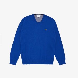 Lacoste V-neck Cotton Sweater Bleu Marine Mouline | VHE-438519