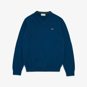 Lacoste V-neck Cotton Sweater Blue | PYA-413278