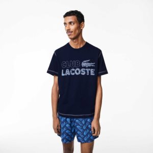 Lacoste Vintage Print Organic Cotton T-Shirt Navy Blue | DIW-639170