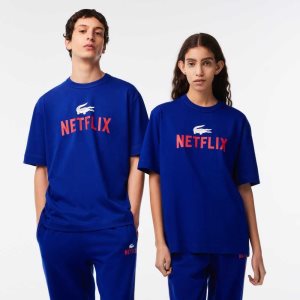 Lacoste x Netflix Loose Fit Organic Cotton T-Shirt Blue | SUC-105284