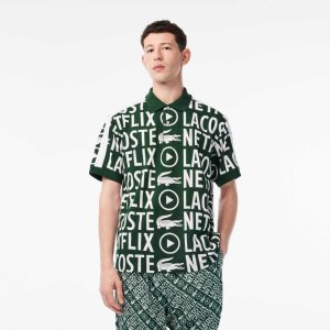 Lacoste x Netflix Loose Fit Organic Cotton Print Polo Green / White | YNU-306218