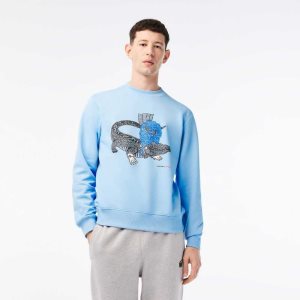 Lacoste x Netflix Organic Cotton Fleece Print Sweatshirt Blue | SIA-639841