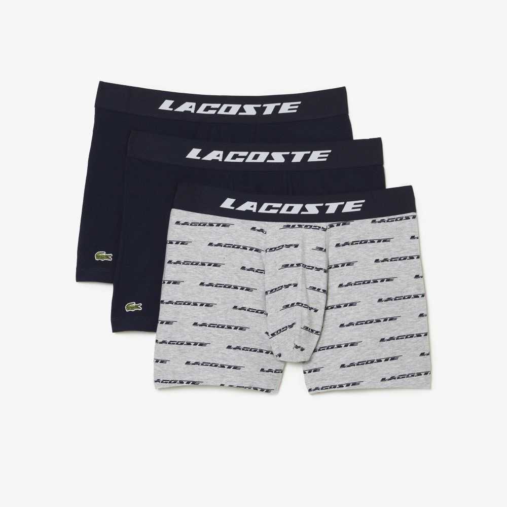 Lacoste 3-Pack Logo Print Jersey Boxers Grey Chine / Navy Blue | PLW-587360