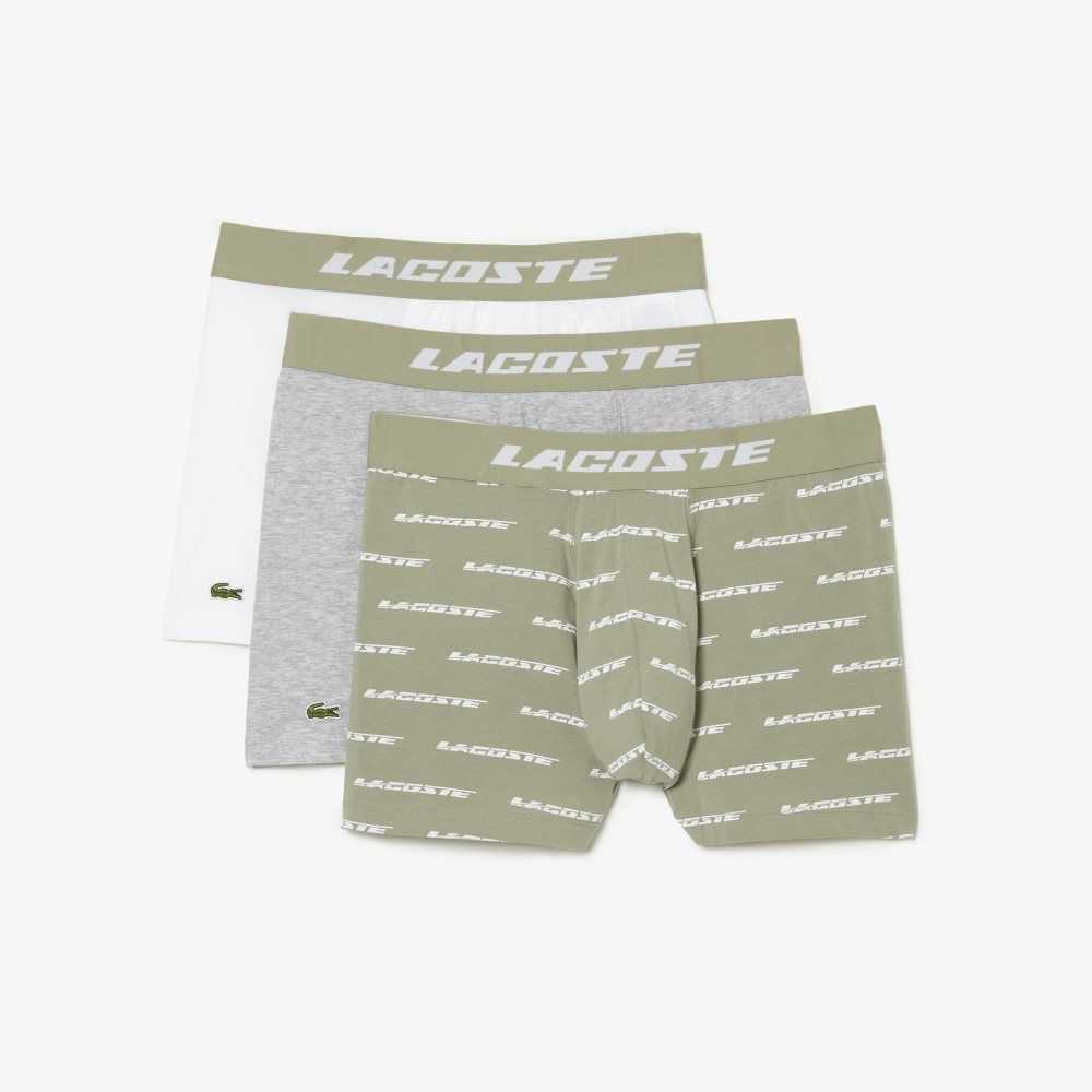 Lacoste 3-Pack Logo Print Jersey Boxers Khaki Green / Grey Chine / White | XGP-547398