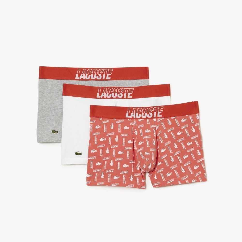 Lacoste 3-Pack Stretch Cotton Printed Trunks Orange / Grey Chine / White | IOL-081692