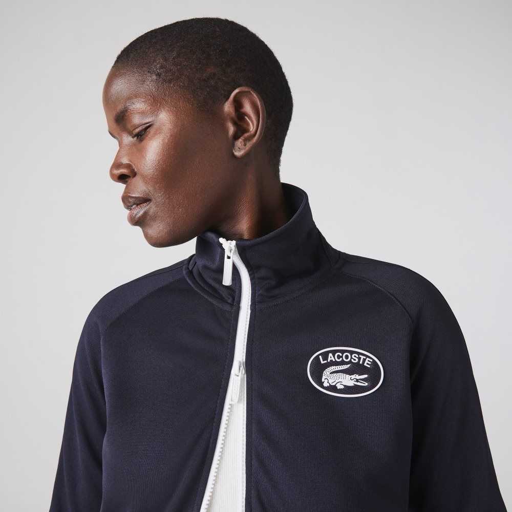 Lacoste Badge Pique Zippered Sweatshirt Navy Blue | HPQ-052876