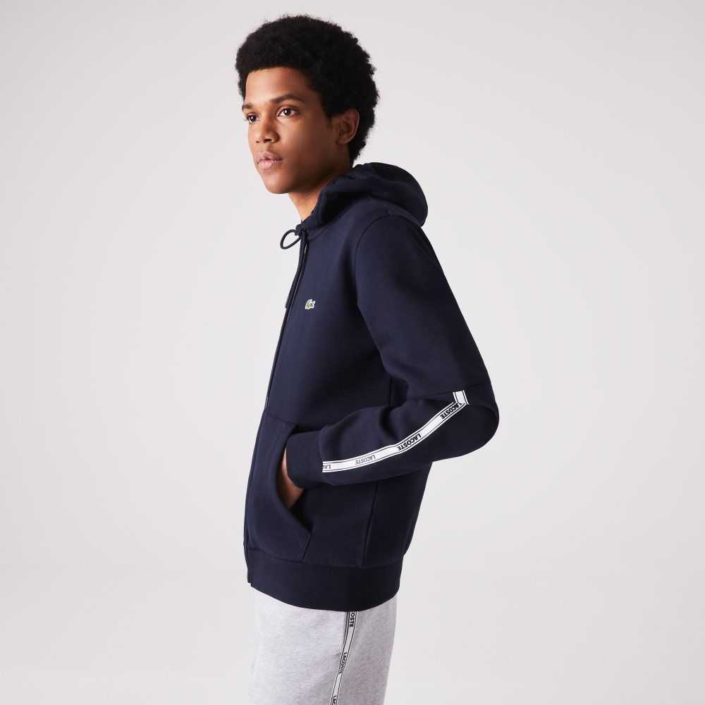 Lacoste Branded Bands Zippered Fleece Hoodie Navy Blue | QYF-248957