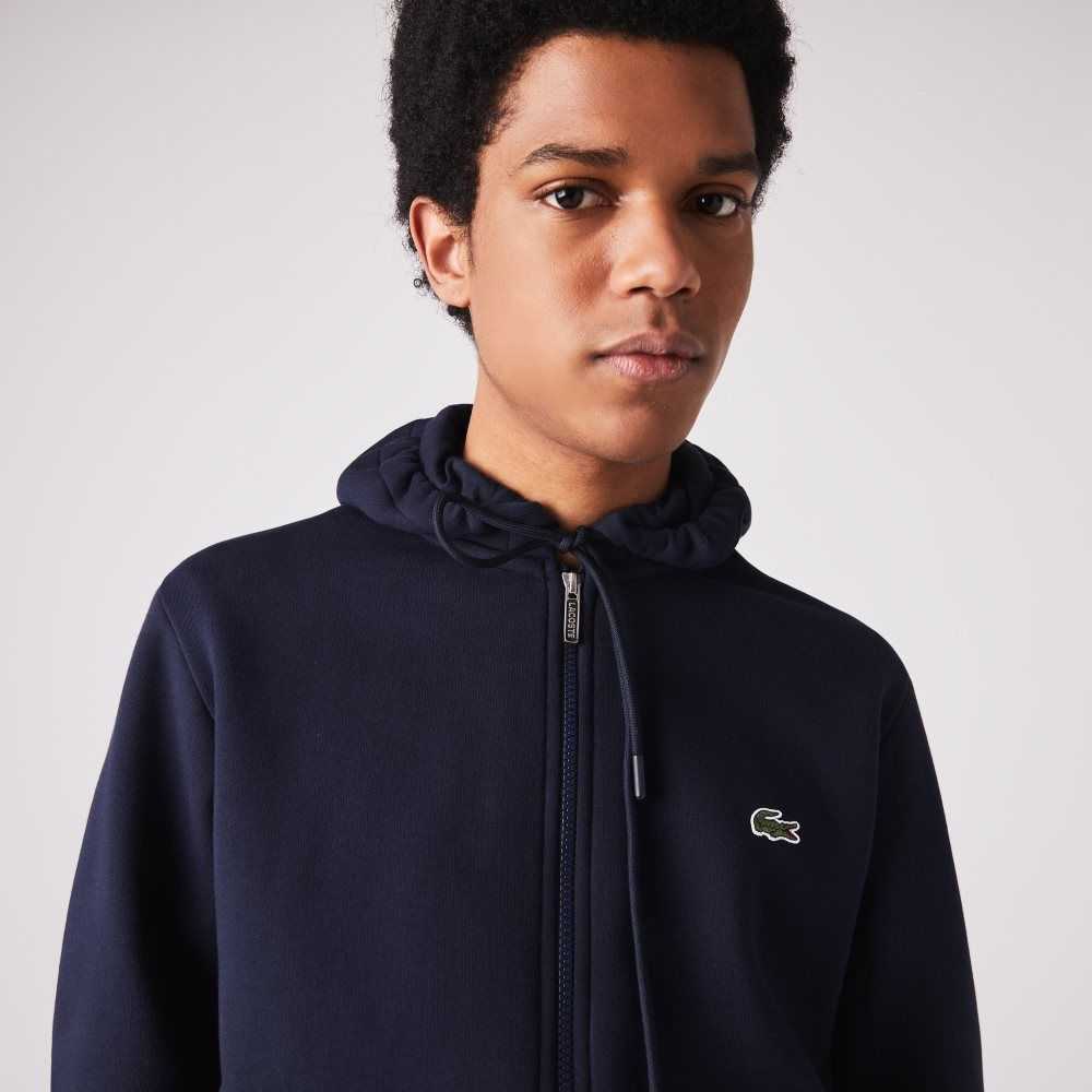 Lacoste Branded Bands Zippered Fleece Hoodie Navy Blue | QYF-248957