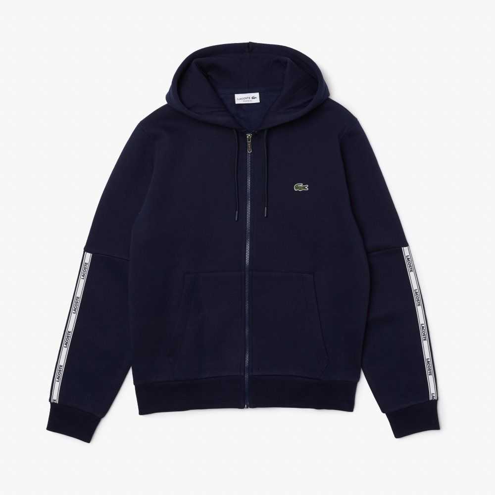 Lacoste Branded Bands Zippered Fleece Hoodie Navy Blue | QYF-248957