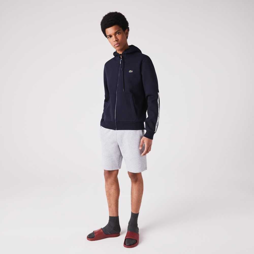 Lacoste Branded Bands Zippered Fleece Hoodie Navy Blue | QYF-248957