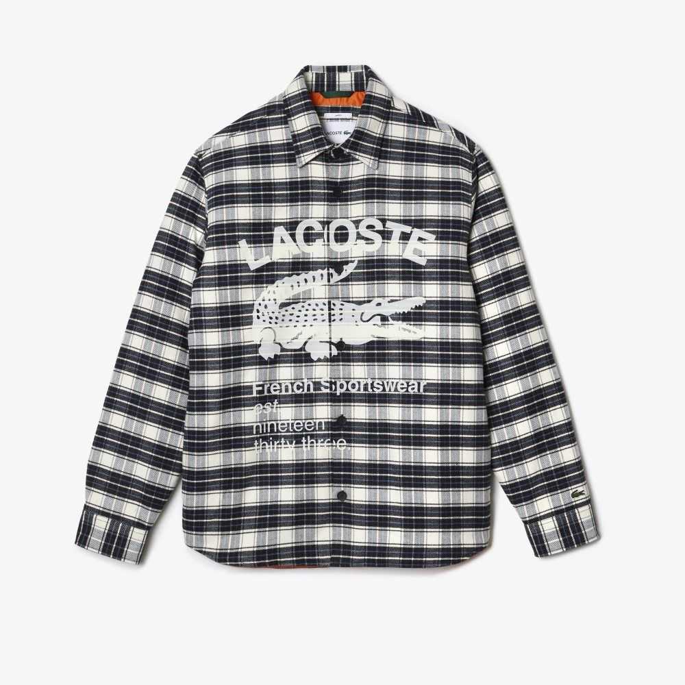 Lacoste Branded Check Print Overshirt White / Black / Blue | ITV-247915