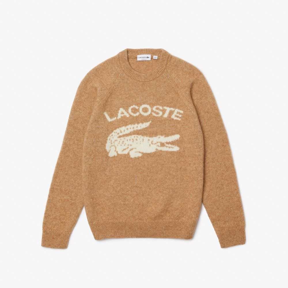 Lacoste Branded Contrast Crocodile Blend Alpaca Sweater Beige / White | JFX-261907