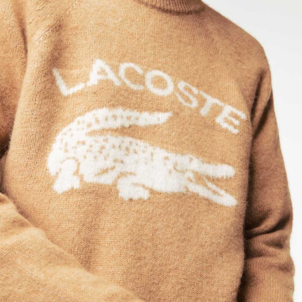 Lacoste Branded Contrast Crocodile Blend Alpaca Sweater Beige / White | JFX-261907