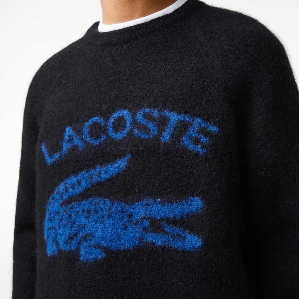 Lacoste Branded Contrast Crocodile Blend Alpaca Sweater Black / Blue | XQK-598746