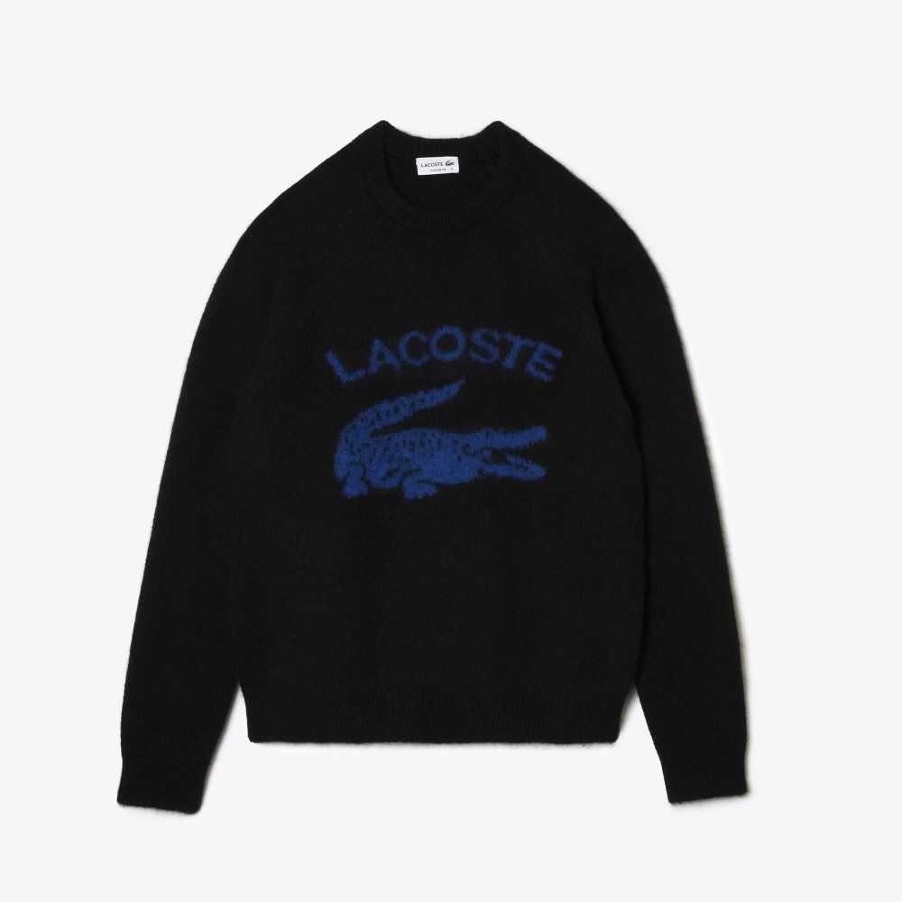 Lacoste Branded Contrast Crocodile Blend Alpaca Sweater Black / Blue | XQK-598746