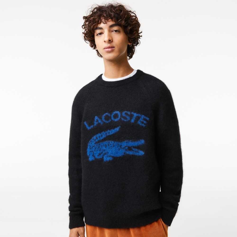 Lacoste Branded Contrast Crocodile Blend Alpaca Sweater Black / Blue | XQK-598746