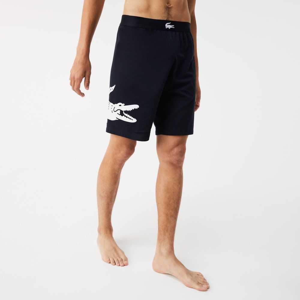 Lacoste Branded Stretch Cotton Lounge Shorts Navy Blue / White | ERH-237054