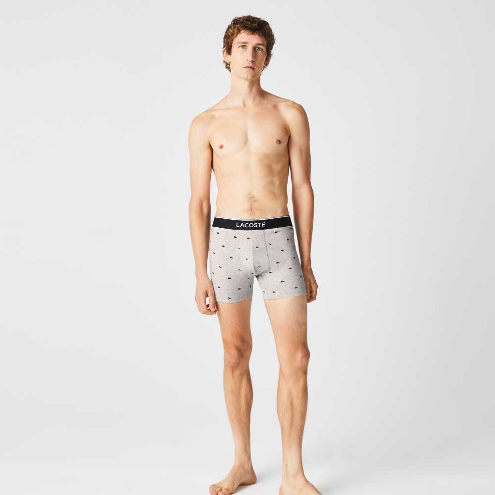 Lacoste Branded Waist Long Stretch Cotton Boxer Brief 3-Pack Black / Grey Chine | IHE-624951