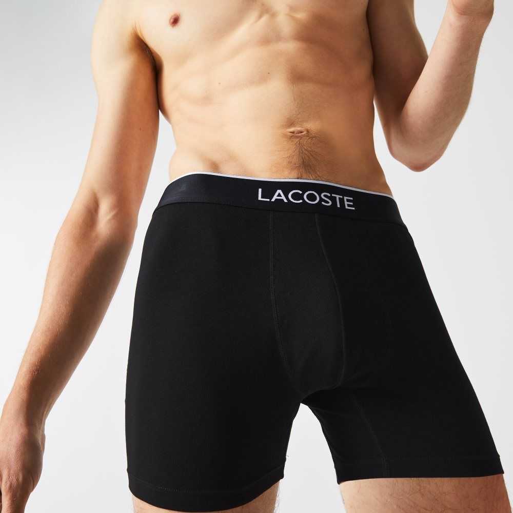 Lacoste Branded Waist Long Stretch Cotton Boxer Brief 3-Pack Black / Grey Chine | IHE-624951