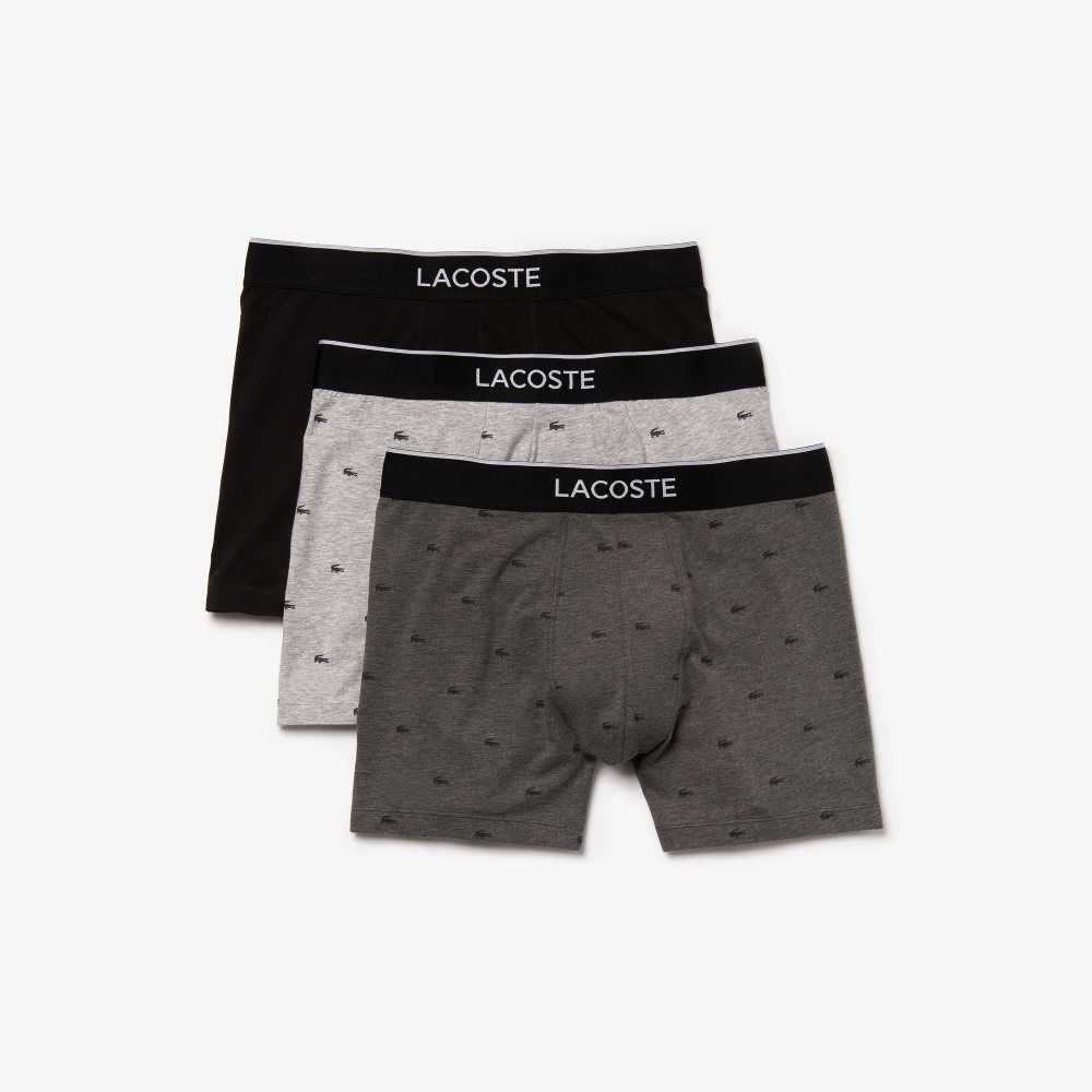 Lacoste Branded Waist Long Stretch Cotton Boxer Brief 3-Pack Black / Grey Chine | IHE-624951