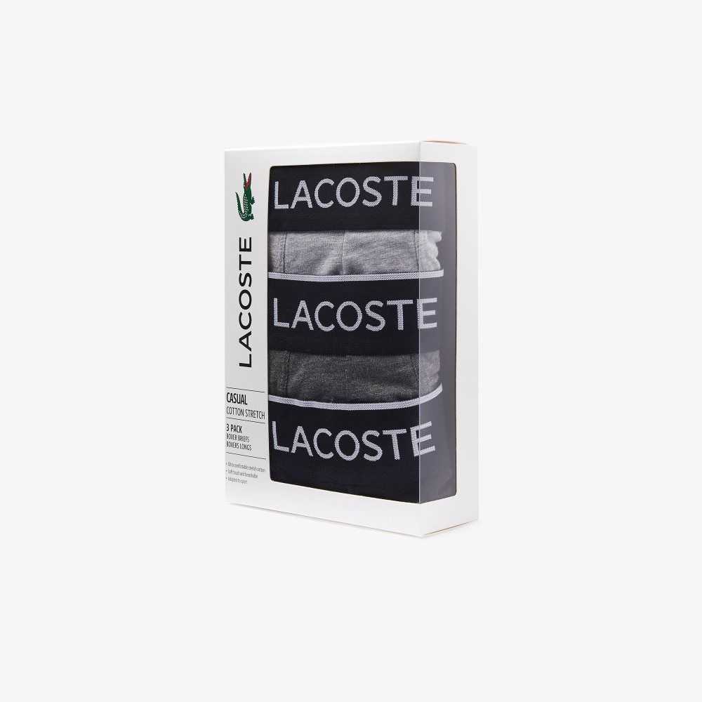 Lacoste Branded Waist Long Stretch Cotton Boxer Brief 3-Pack Black / Grey Chine | IHE-624951