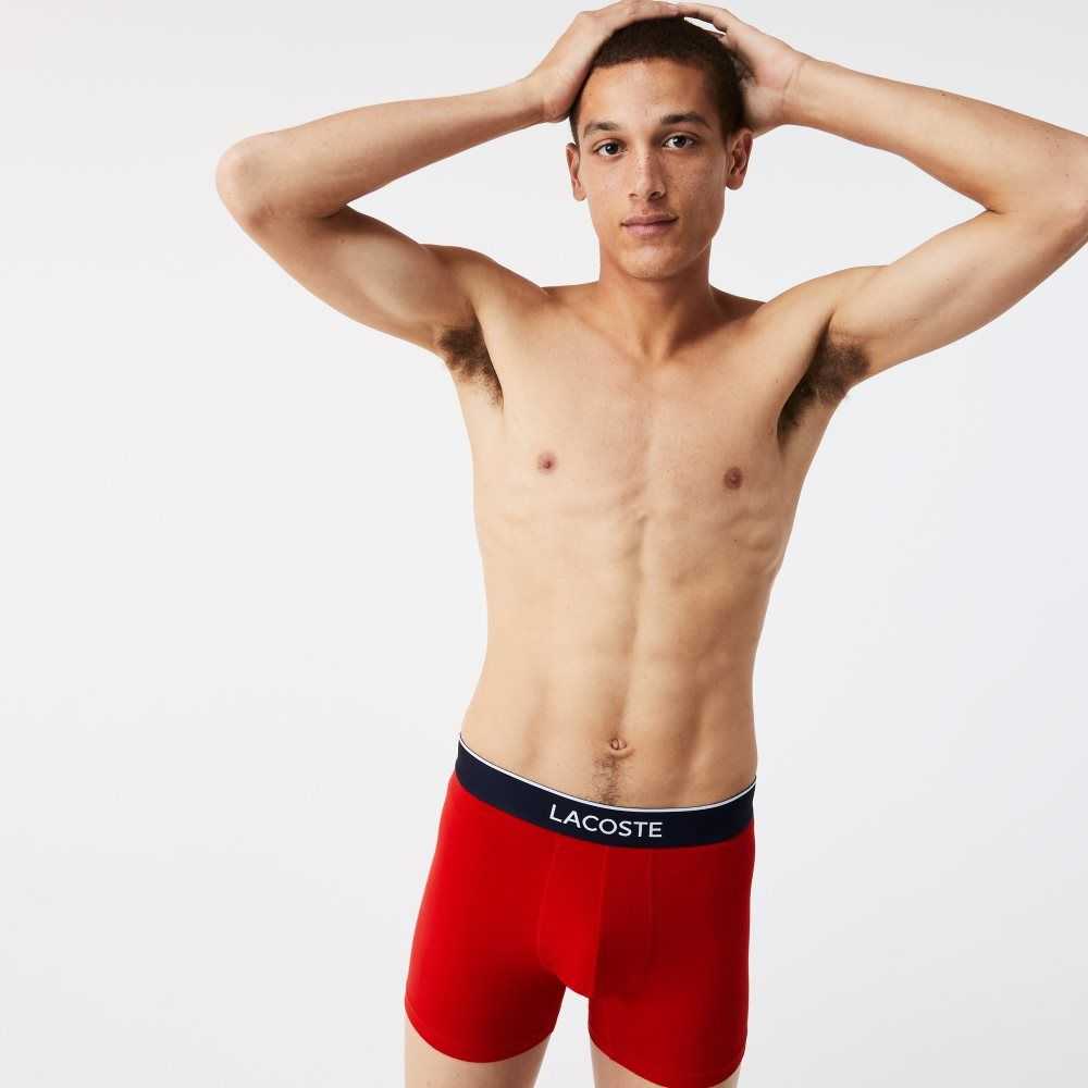 Lacoste Branded Waist Long Stretch Cotton Boxer Brief 3-Pack Navy Blue / Grey Chine / Red | KWA-450873