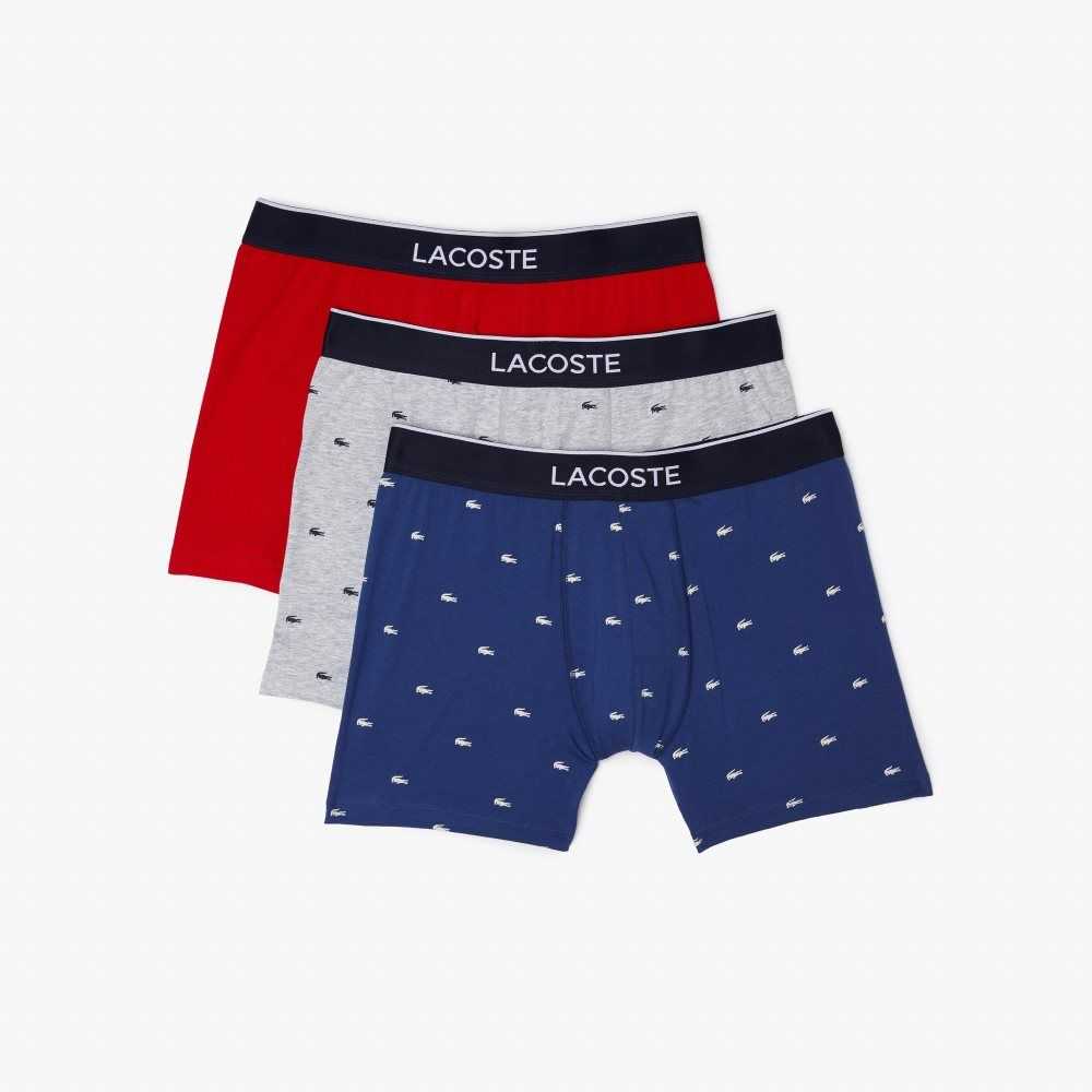 Lacoste Branded Waist Long Stretch Cotton Boxer Brief 3-Pack Navy Blue / Grey Chine / Red | KWA-450873