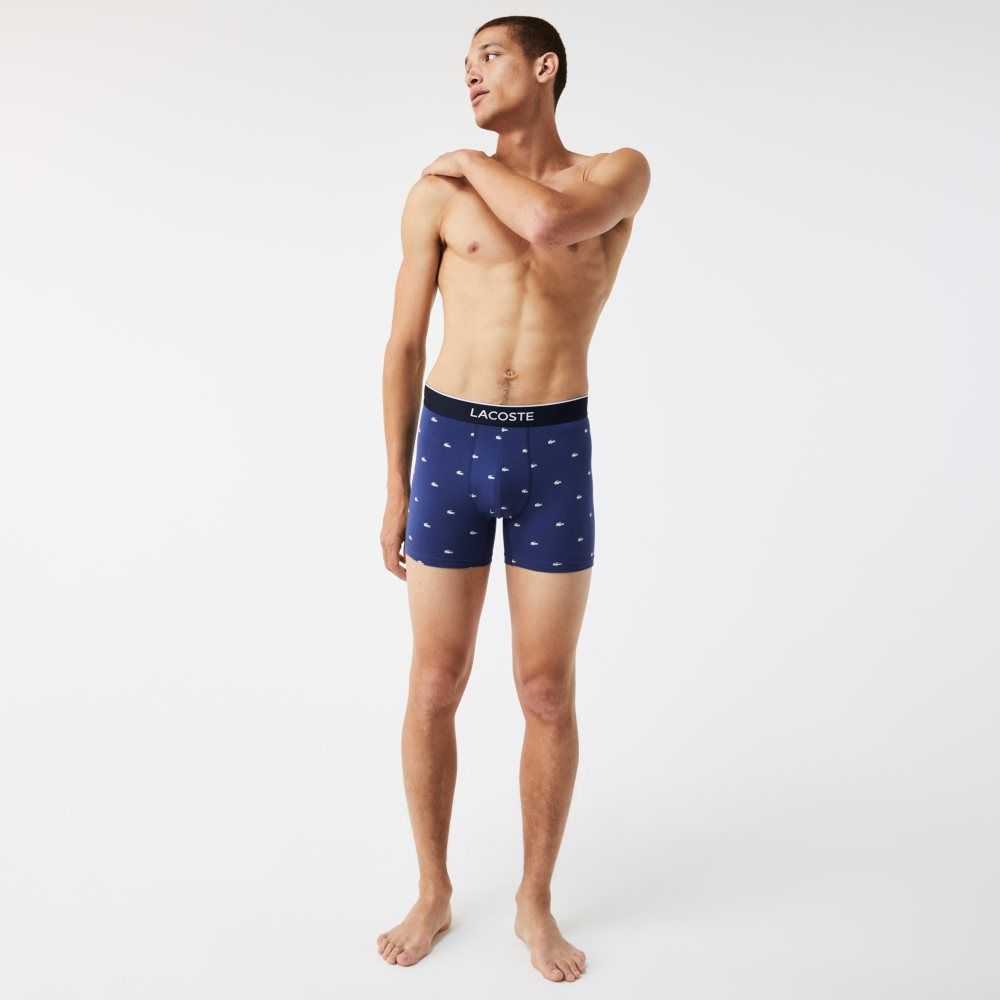 Lacoste Branded Waist Long Stretch Cotton Boxer Brief 3-Pack Navy Blue / Grey Chine / Red | KWA-450873