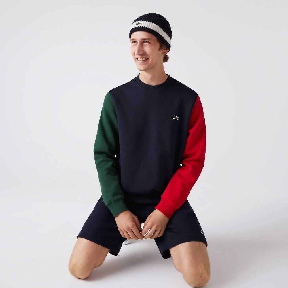 Lacoste Brushed Fleece Sweatshirt Navy Blue / Green / Red | AXD-098617