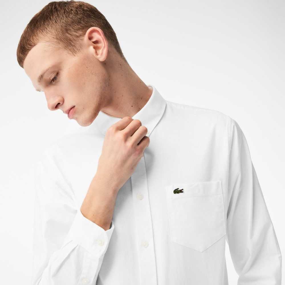 Lacoste Buttoned Collar Oxford Cotton Shirt White | OXG-592460