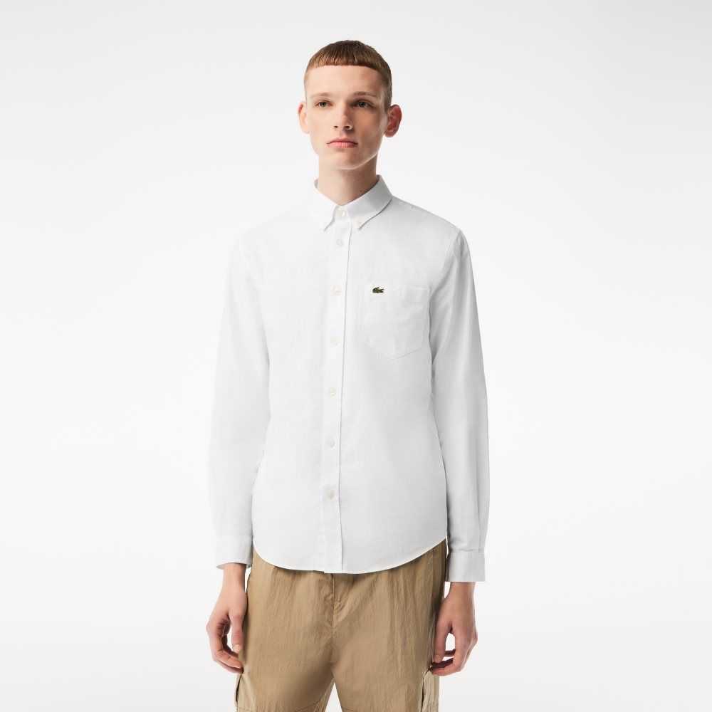 Lacoste Buttoned Collar Oxford Cotton Shirt White | OXG-592460