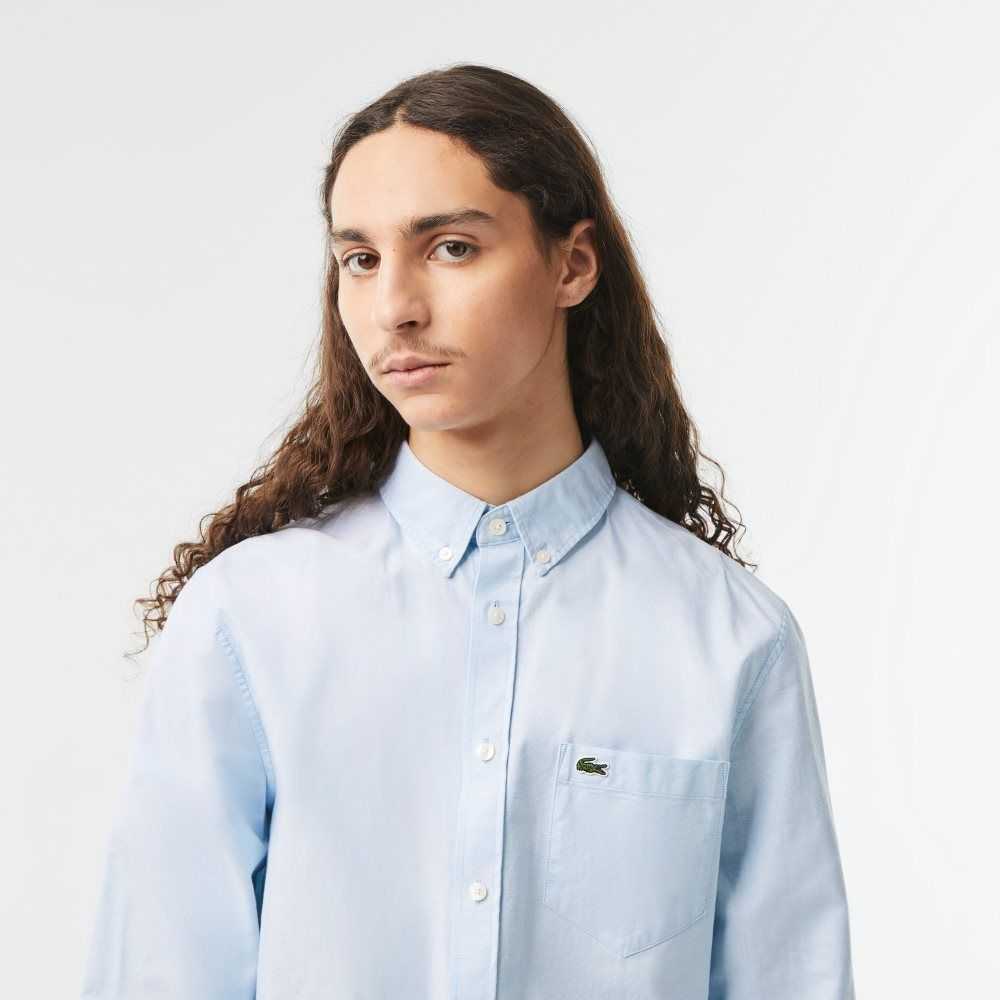 Lacoste Buttoned Collar Oxford Cotton Shirt Blue | RYI-367480