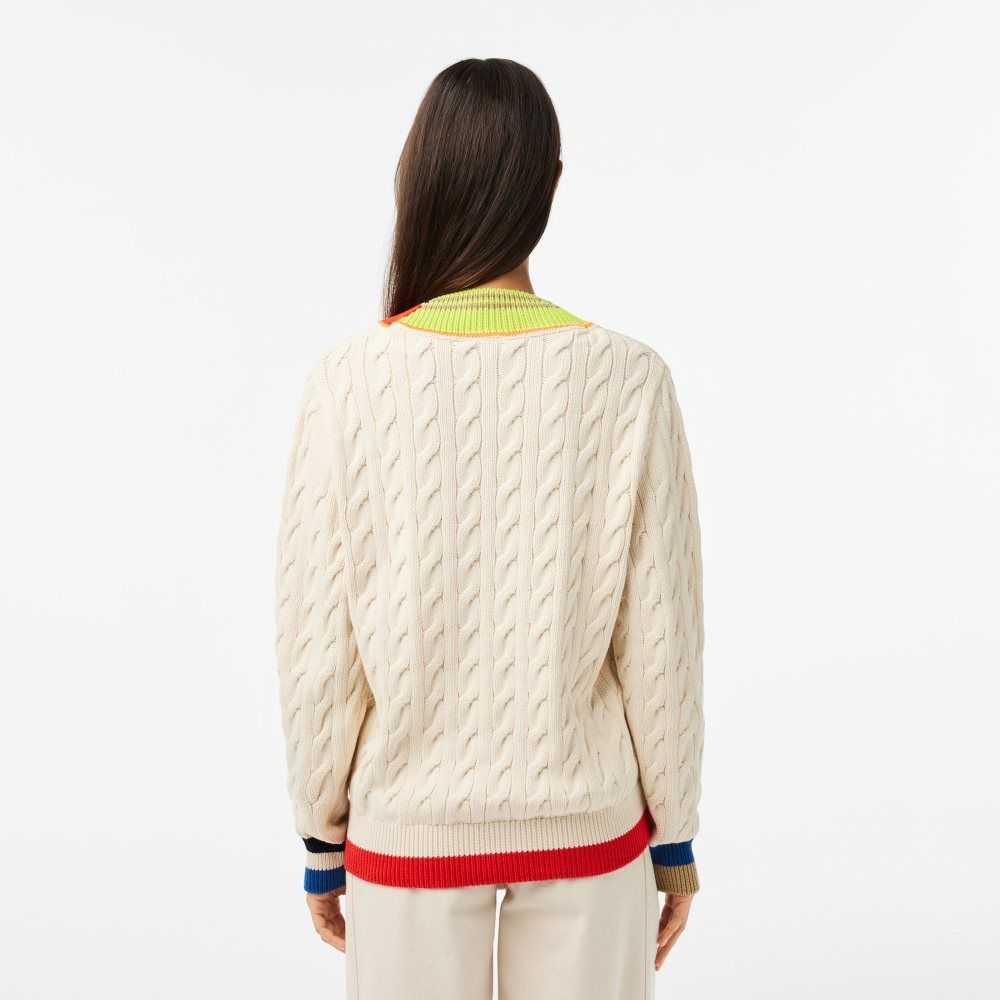 Lacoste Cable Knit Color Twist V-Neck Sweater White | JHO-752681