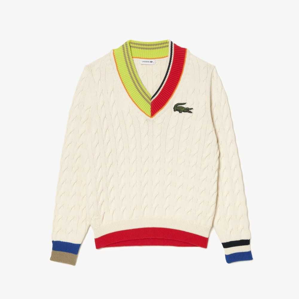 Lacoste Cable Knit Color Twist V-Neck Sweater White | JHO-752681