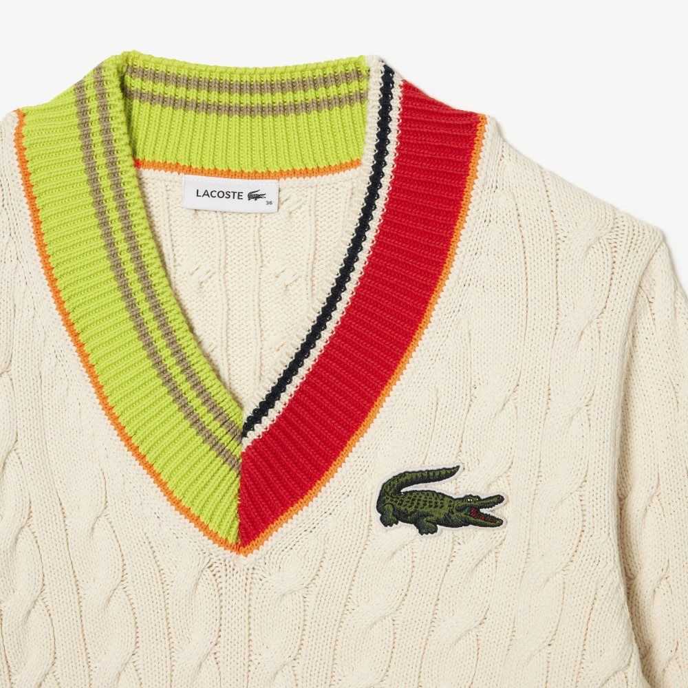 Lacoste Cable Knit Color Twist V-Neck Sweater White | JHO-752681