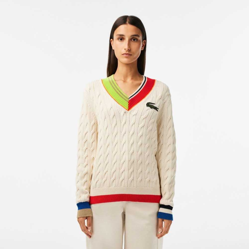 Lacoste Cable Knit Color Twist V-Neck Sweater White | JHO-752681