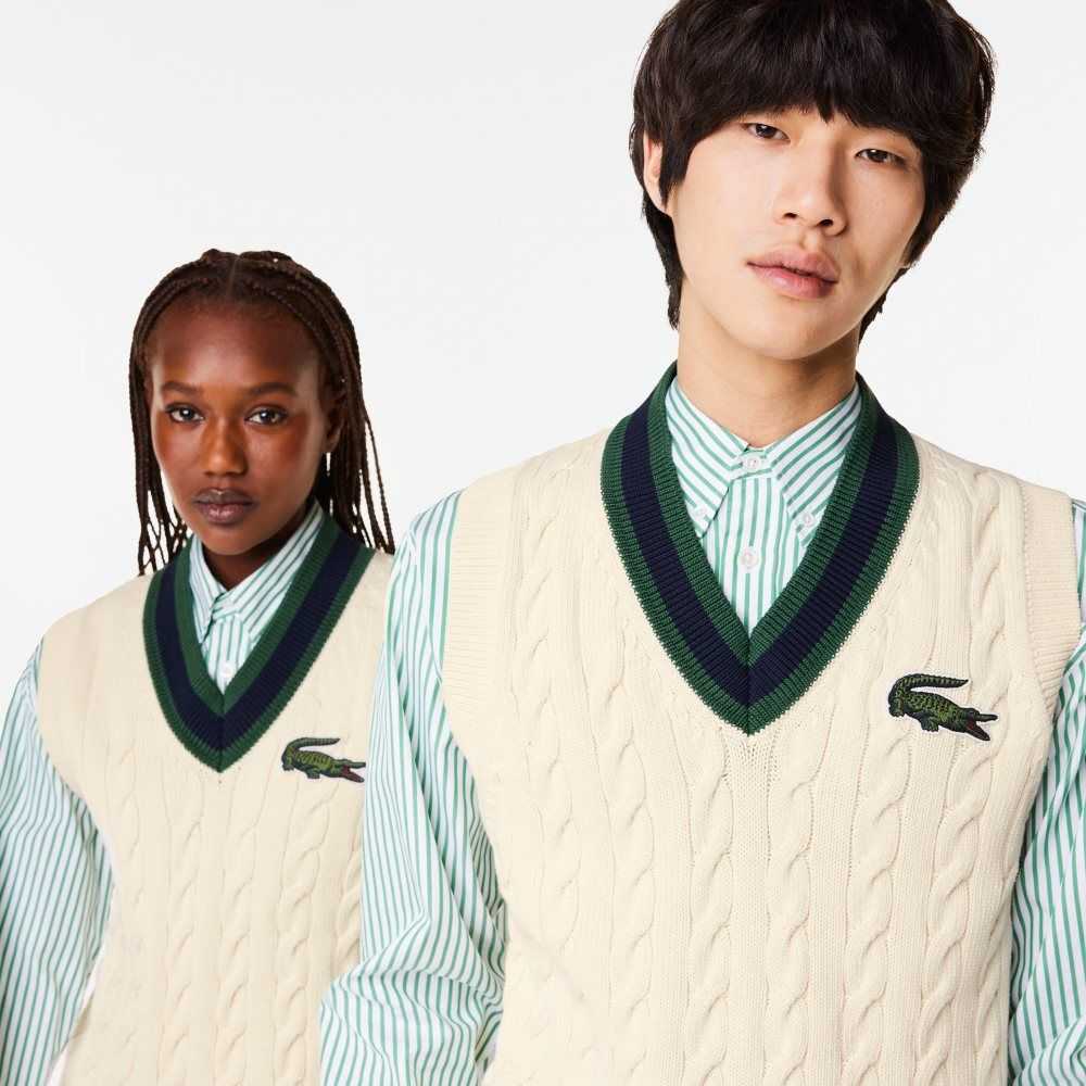 Lacoste Cable Knit Sweater Vest in Organic Cotton White | KYQ-876024