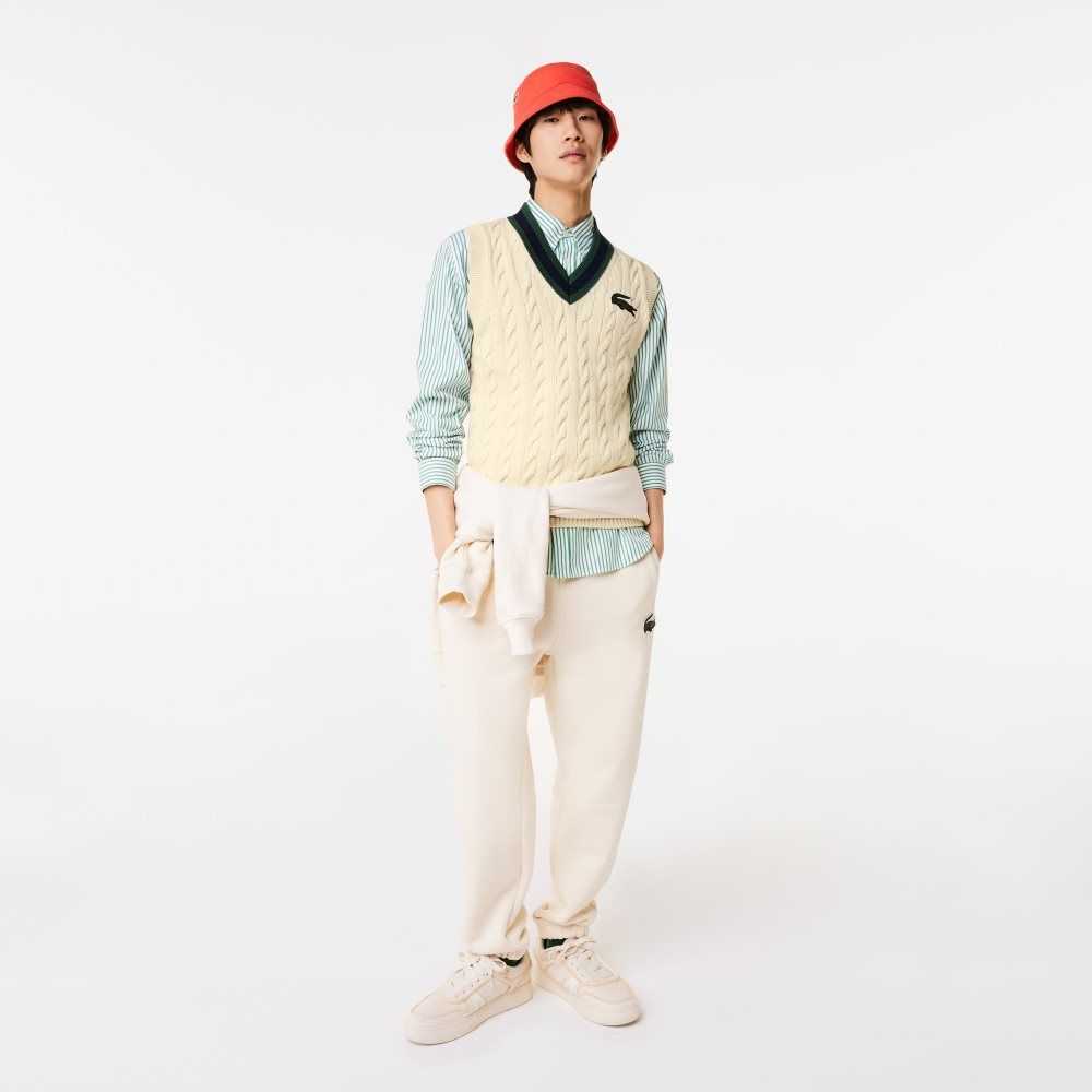 Lacoste Cable Knit Sweater Vest in Organic Cotton White | KYQ-876024