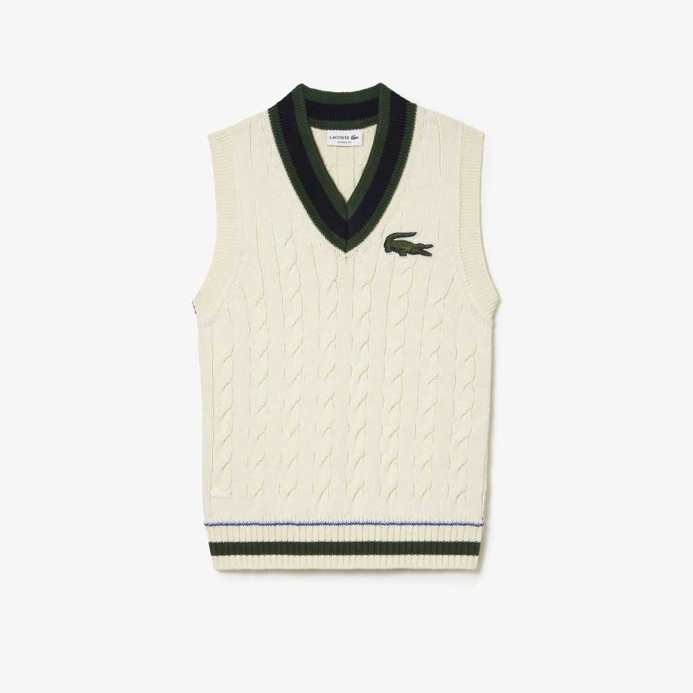 Lacoste Cable Knit Sweater Vest in Organic Cotton White | KYQ-876024