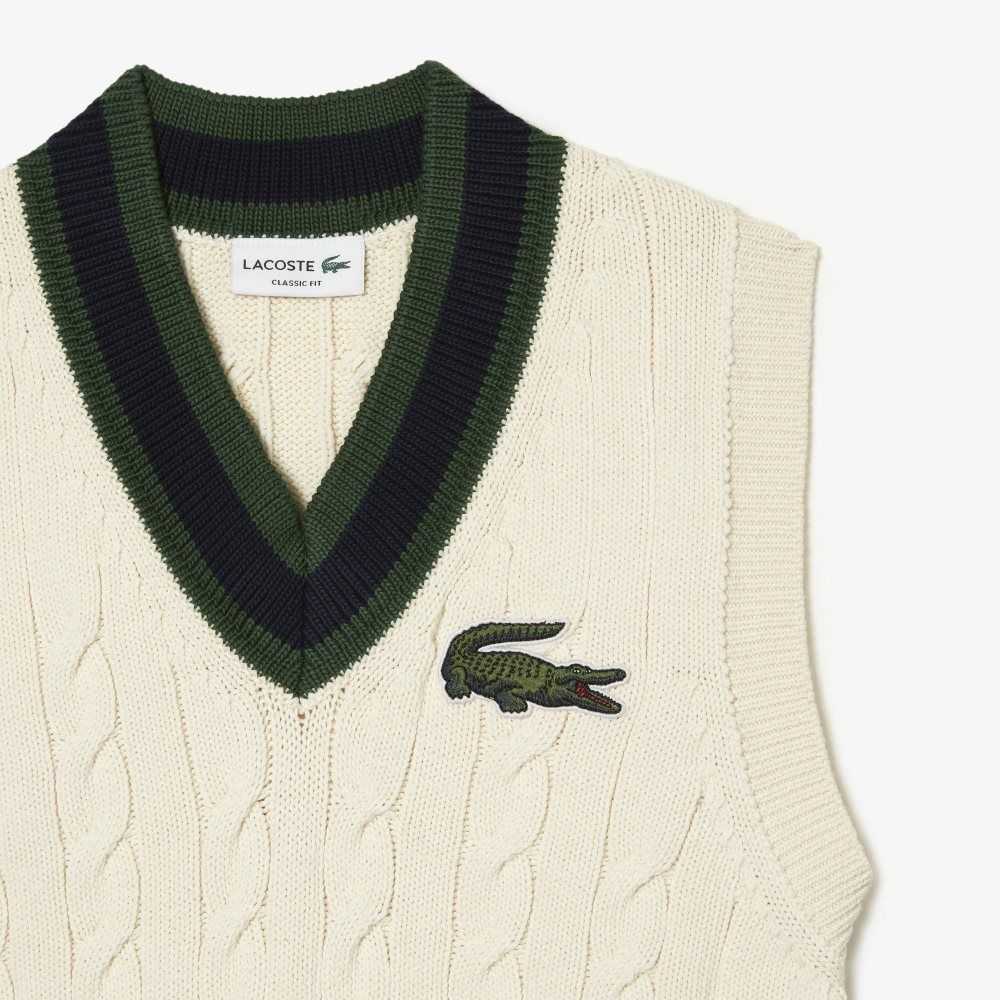 Lacoste Cable Knit Sweater Vest in Organic Cotton White | KYQ-876024