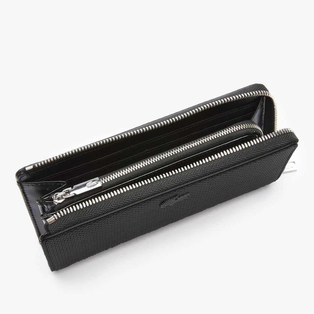 Lacoste Chantaco Zippered Matte Pique Leather Wallet Black | SOM-924756