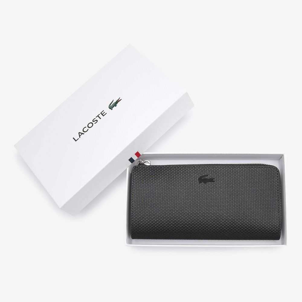 Lacoste Chantaco Zippered Matte Pique Leather Wallet Black | SOM-924756