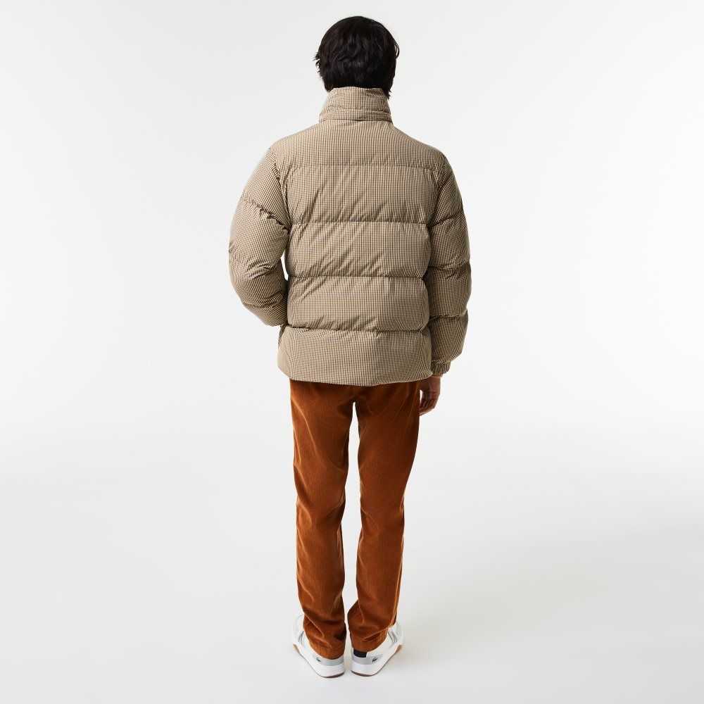 Lacoste Check Print Water-Repellent Twill Padded Jacket Beige / Navy Blue / White / Khaki Green | CBF-294873