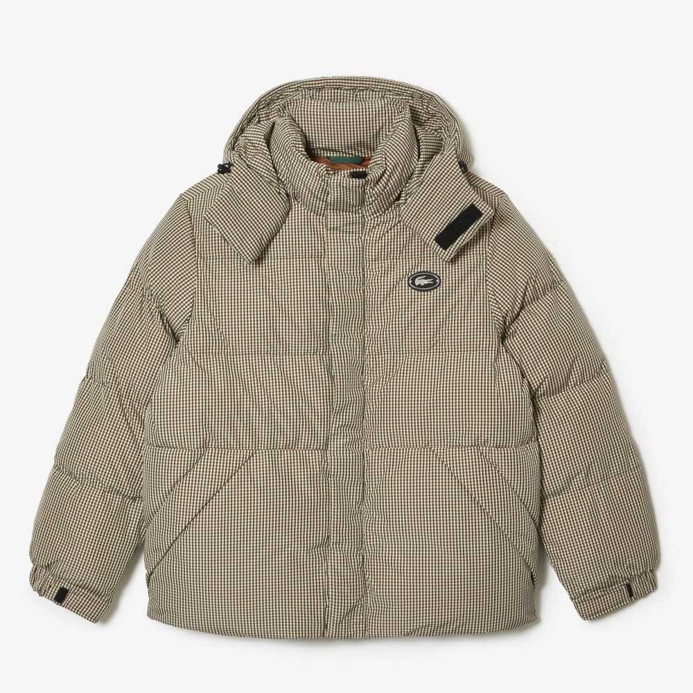 Lacoste Check Print Water-Repellent Twill Padded Jacket Beige / Navy Blue / White / Khaki Green | CBF-294873