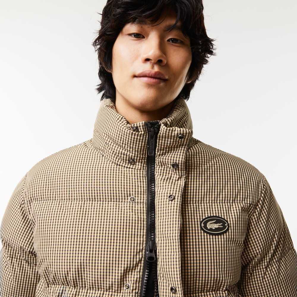 Lacoste Check Print Water-Repellent Twill Padded Jacket Beige / Navy Blue / White / Khaki Green | CBF-294873