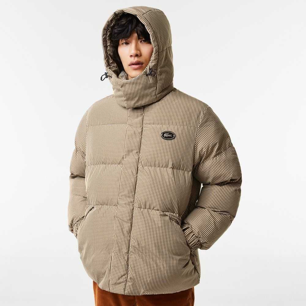 Lacoste Check Print Water-Repellent Twill Padded Jacket Beige / Navy Blue / White / Khaki Green | CBF-294873