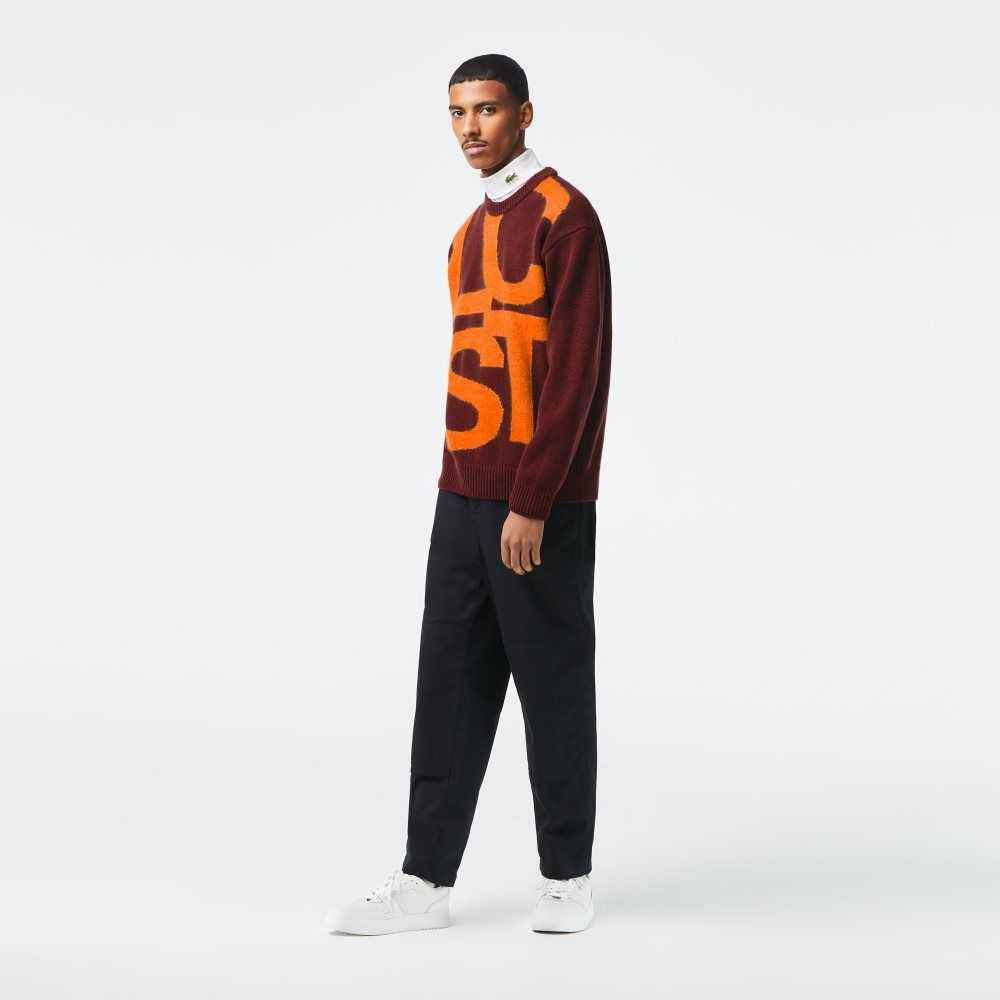 Lacoste Classic Fit Contrast Lettering Wool Sweater Bordeaux / Orange | QAU-342196