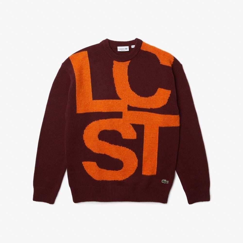 Lacoste Classic Fit Contrast Lettering Wool Sweater Bordeaux / Orange | QAU-342196